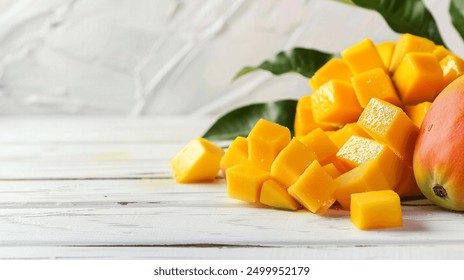 Freshly cut mango cubes alongside ripe mango fresh food stock with yellow