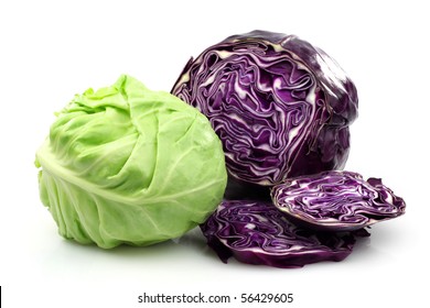 Freshly cut red and white cabbage on a white background