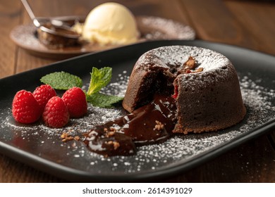 Freshly cut soft chocolate lava cake with warm melt-in-your-mouth chocolate flowing out onto a matte black dessert plate. The cake is dusted with icing sugar and slightly melted vanilla ice cream.