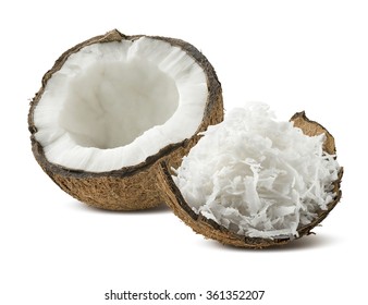 Freshly grated coconut shell half isolated on white background as package design element
