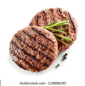 Freshly Grilled Burger Meat Isolated On White Background, Top View