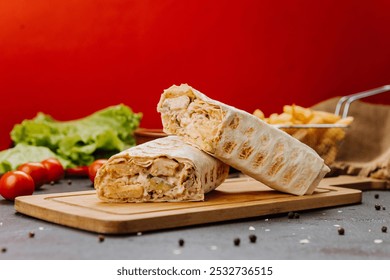 Freshly grilled chicken wrap cut in half, revealing creamy filling.Perfect fast-food snack - Powered by Shutterstock