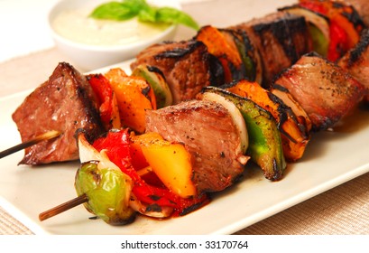 Freshly Grilled Shish Kabobs With A Horseradish Dipping Sauce