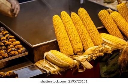 Freshly grilled and steamed corn on the cob displayed at a street food stall in Istanbul, alongside roasted chestnuts. A vibrant and authentic scene of Turkish street cuisine. - Powered by Shutterstock - Get 15% off with code: PIKWIZARD15
