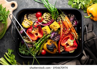 Freshly Grilled Vegetables In A Grilling Sheet Pan, Overhead View