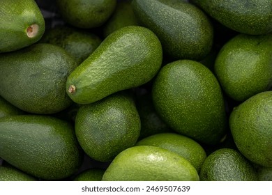 Freshly harvested avocados grouped together in a tight frame, showcasing their vibrant green color and appetizing appearance