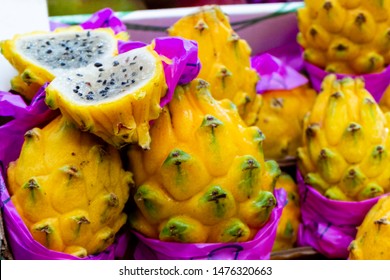 Freshly Harvested Yellow Pitaya (pitahaya Or Dragon Fruit) Cactus Fruit On Market.