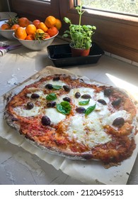 Freshly Homemade Pizza Served In Plate On Window Sill At Home