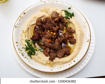 Freshly made classical typical Hummus with lamb meat  Middle East Arabic food