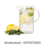 Freshly made lemonade with mint in jug isolated on white