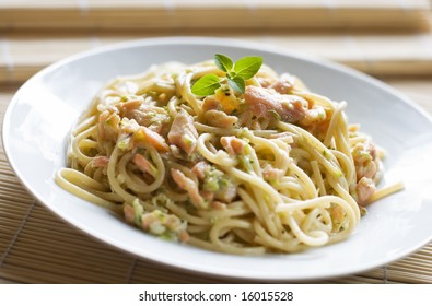 Freshly Made Spaghetti With Smoked Salmon, Pumpkin, Garlic And Sour Cream