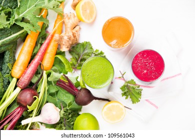 Freshly Made Vegetable Juices, Carrot, Beet, and Greens