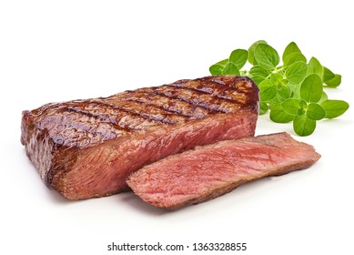 Freshly medium rare grilled beef steak, fried meat, close-up, isolated on white background.