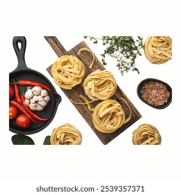 Freshly prepared pasta nests are surrounded by cherry tomatoes, garlic cloves, and herbs on a rustic wooden board, ideal for an authentic Italian cooking experience Isola Isolated on white background - Powered by Shutterstock