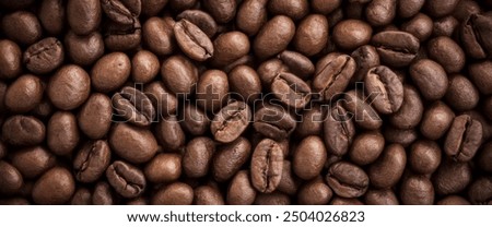 Freshly roasted coffee beans fill the frame. Classic background view from above. Premium background for coffee processing products.