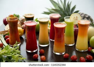 freshly squeezed fruits and vegetables juices. Cold press juice.