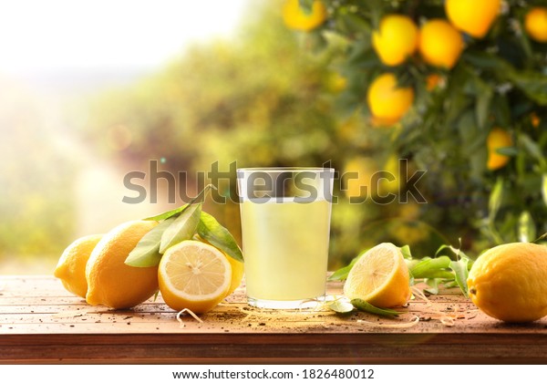 Freshly squeezed juice on a wooden table\
full of lemons with lemon trees in the background and a ray of\
sunlight. Front view. Horizontal\
composition.