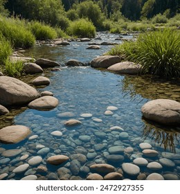 A freshwater environment exudes tranquility and vitality, characterized by clear, gentle streams or serene lakes teeming with life. The water, sparkling under the sun's rays, supports a rich tapestry  - Powered by Shutterstock