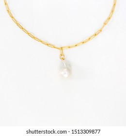 Freshwater Pearl Necklace On Gold Chain, Isolated