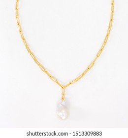 Freshwater Pearl Necklace On Gold Chain, Isolated