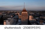 Fresno, California, USA - April 18, 2023: Sunset light shines on the historic downtown Fresno skyline.