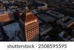 Fresno, California, USA - April 18, 2023: Sunset light shines on the historic downtown Fresno skyline.