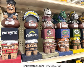 FRESNO, UNITED STATES - Feb 15, 2021: A Photo Of New TIKI NFL Teams Made From Wood On Store Shelf Decorative For The Home