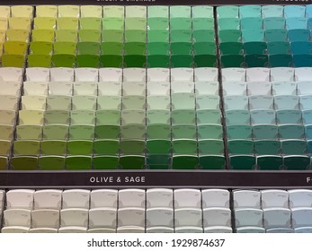 FRESNO, UNITED STATES - Jan 15, 2021: A Front View Photo Of Several Paint Color Samples On Display In A Store Of Different Shades Of Green, White And Blue For The Home