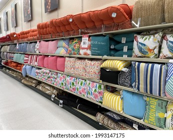 FRESNO, UNITED STATES - Jun 15, 2021: A Photo Of A Store Shelf Full Of Bright Summer Colorful Square Pillows For Home Decor Design