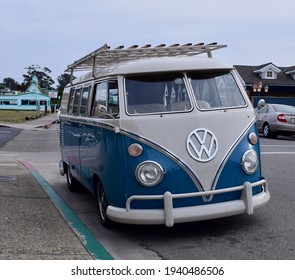 FRESNO, UNITED STATES - Mar 02, 2021: A Front View Photo Of A Beautiful Vintage Blue And White VW Bus  Wagon Parked In Town At Morro Bay In Ca  2021