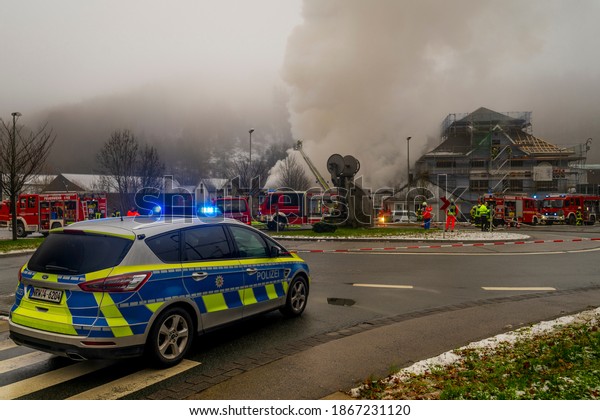 Freudenberg,NRW,Germany - 12.01.2020 : A police car\
safe the mission area during a factory\
fire.