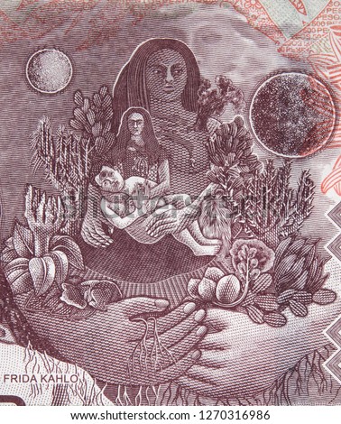 Frida Kahlo painting Love Embrace of the Universe on Mexico 500 peso (2010) bill.