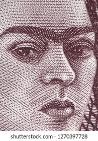 Frida Kahlo Portrait On Mexico 500 Peso Bill, Extreme Macro. Famous Mexican Artist, Icon Of Feminism.