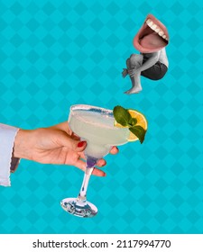 Friday Funny Vibe. Young Man Jumping In Alcohol Cocktail Glass Isolated On Blue Background. Conceptual, Contemporary Bright Art Collage. Surrealism. Concept Of Fashion, Style, Vacation, Drinks, Taste