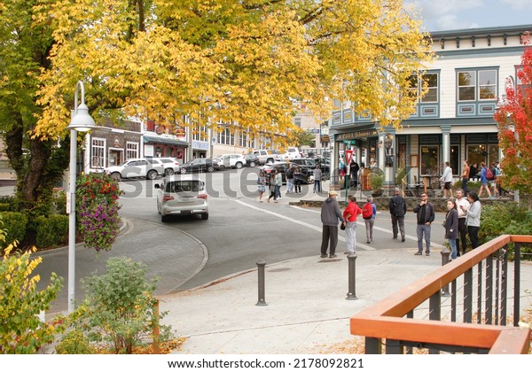 Friday\
Harbor, Washington, United States - 09-11-2021: A view of the\
traffic circle on Front Street and Spring\
Street.