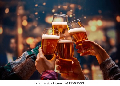 Friday mood. Old friends saying toasts and drinking beer and clinking glasses while watching match. Football fans in bar. Concept of Oktoberfest, party, celebration, taste, national traditions. - Powered by Shutterstock