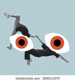 Friday night out. Party. Contemporary art collage of two contempoary dancers and big drawn eyes isolated over pastel blue background. Concept of party, friends, dance, enjoyment, ad - Shutterstock ID 2050111073