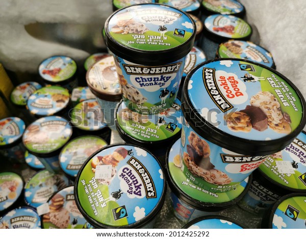 A\
fridge with Ben and  Jerry\'s ice creams seen in a supermarket in\
the Israeli central city of Modiin on July 20,\
2021.