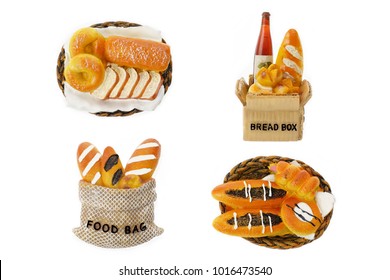 Fridge Magnet With 3D Set Of Bread In Box ,brown Basket Isolated On White Background.Concept Food Magnet.Top View, Flat Lay.Selective Focus.