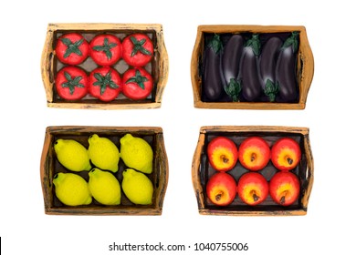 Fridge Magnet With 3D Set Of Fruit And Vegetable In Brown Basket Isolated On White Background.Concept Food Magnet.Top View, Flat Lay.Selective Focus.