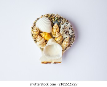 Fridge Magnet Souvenir In Shape Of Sea Shells And Sand Isolated On White Background. Travel To Tropical Country Concept. Top View Flat Lay Close Up, Copy Space