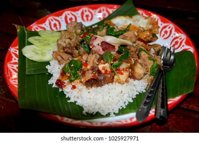  Fried basil leave with pork, squid, shrim, chicken, meat, crisp pork, chicken innards, combination on rice,This popular Thai food , spicy stir-fry featuring the aroma of holy basil. 
