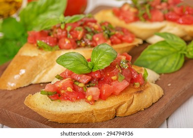 Fried Bread With Tomato And Basil (bruschetta), Close Up