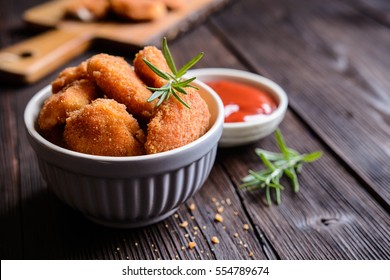 Fried Breaded Chicken Nuggets With Tomato Sauce