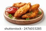 Fried Breaded chicken tender strips with tomato ketchup