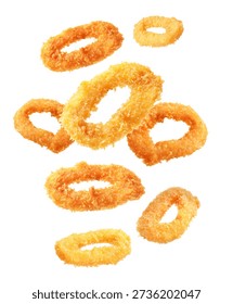 Fried breaded squid rings flying in air on white background