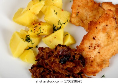 Fried Cabbage With Dried Mushrooms, Boiled Potatoes With Dill And Breaded Pork Tenderloin