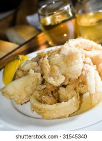 Fried Calamari Squid Greek Food Taverna Specialty With Home Made Wine As Photographed In The Greek Islands Santorini