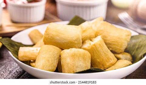 fried cassava, snack made from cassava root and served fried, traditional south american restaurant food garnish