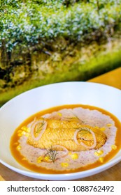 Fried Catfish And Blue Corn Grits Southern Style Breakfast Meal